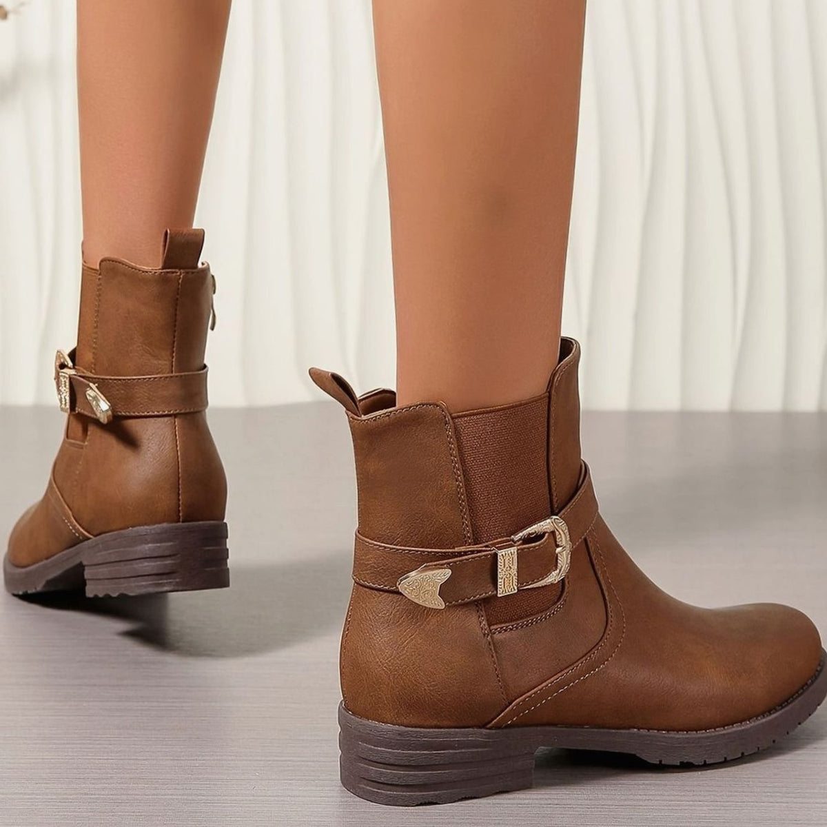 Women's Western-Inspired Block Heel Ankle Boots Gold Buckle Detail
