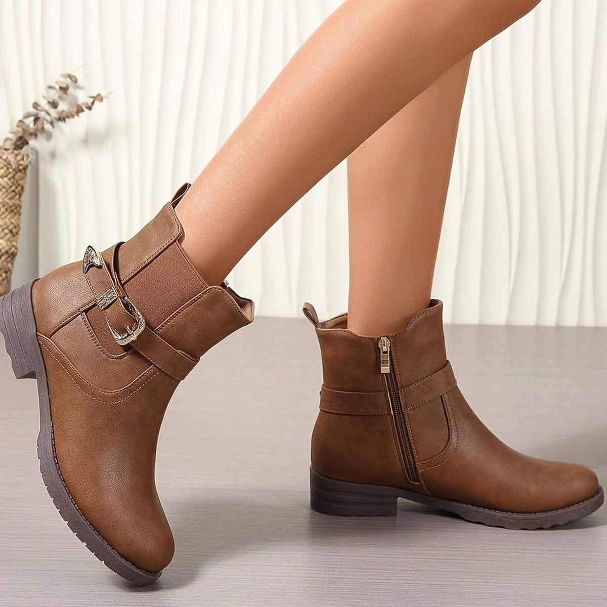 Women's Western-Inspired Block Heel Ankle Boots Gold Buckle Detail