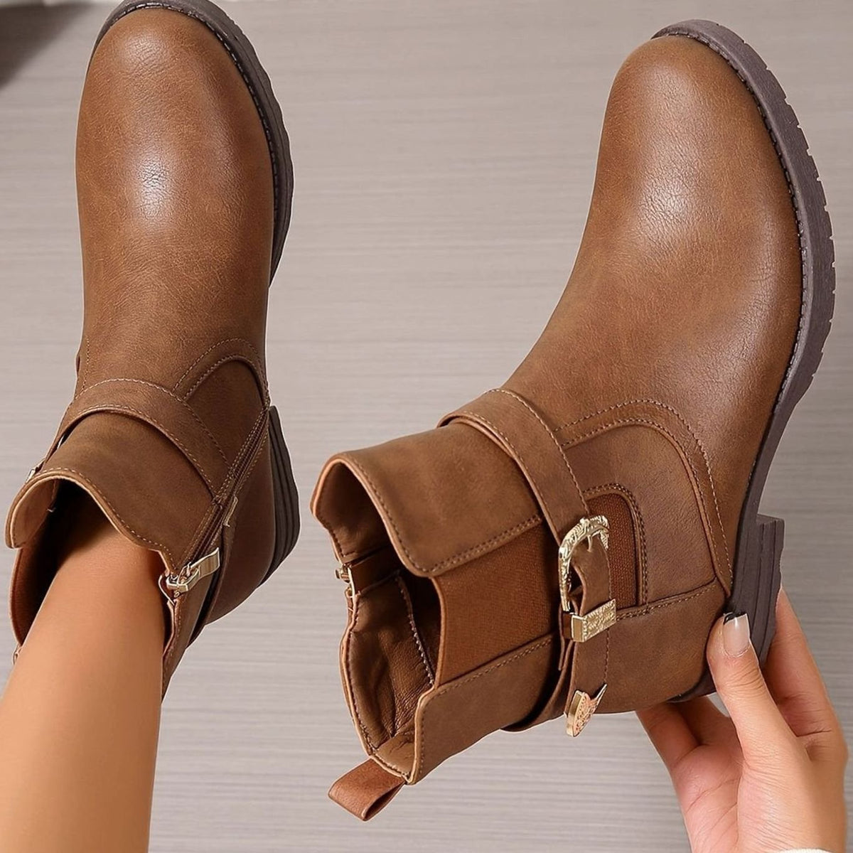Women's Western-Inspired Block Heel Ankle Boots Gold Buckle Detail