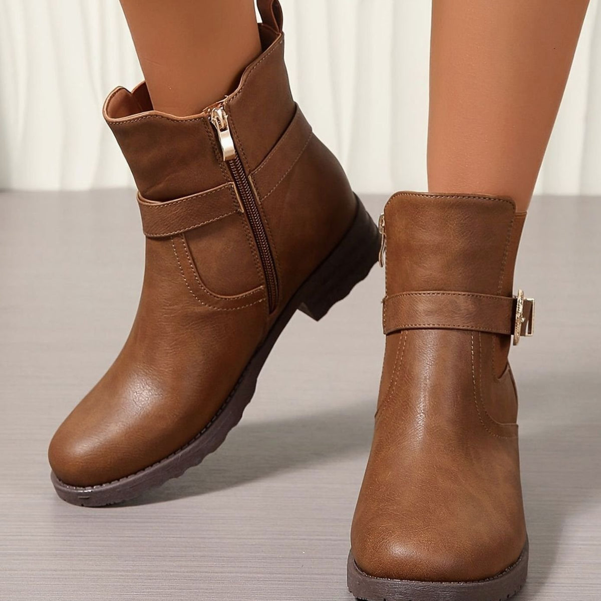Women's Western-Inspired Block Heel Ankle Boots Gold Buckle Detail