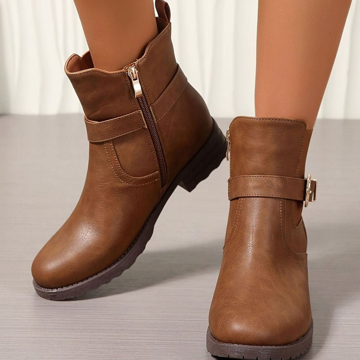 Women's Western-Inspired Block Heel Ankle Boots Gold Buckle Detail
