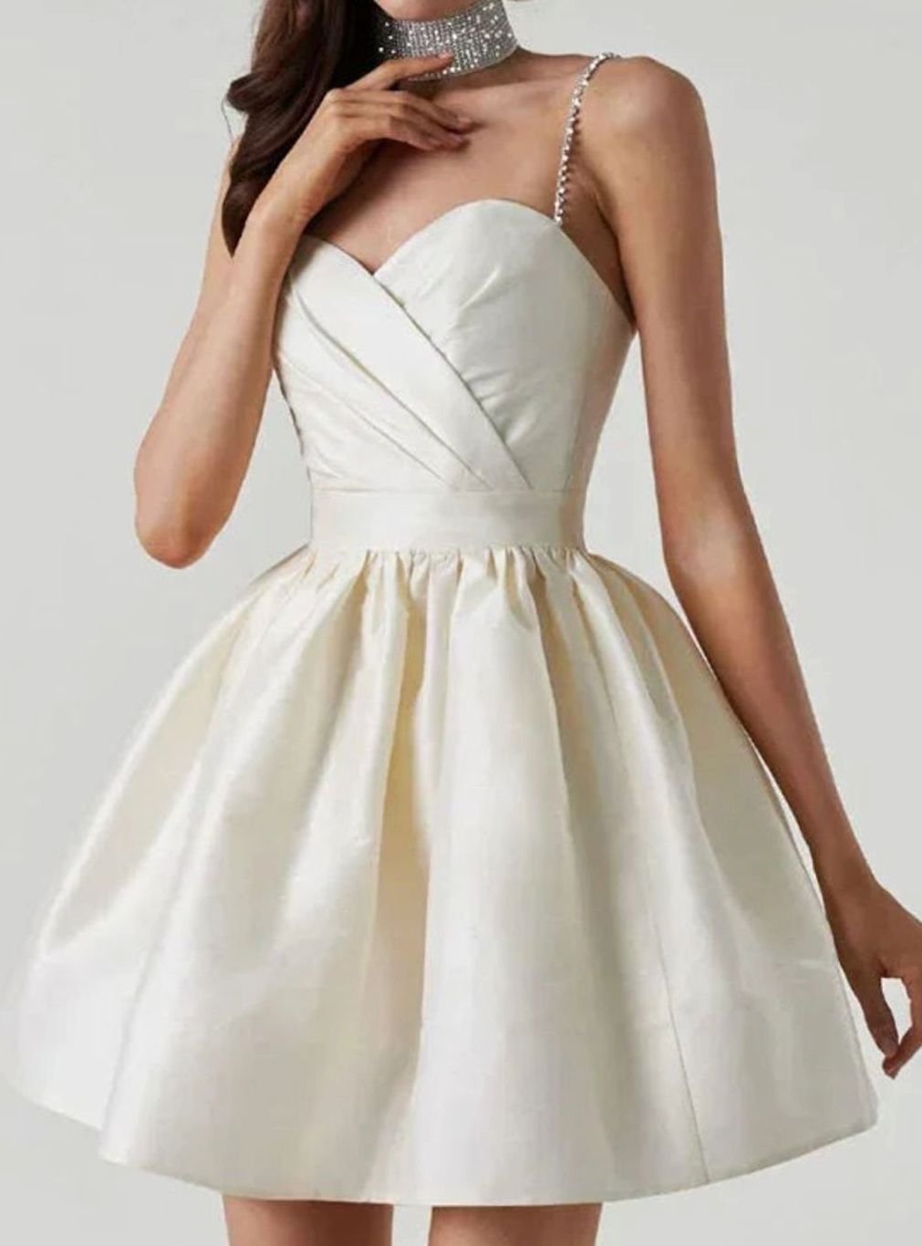 Women's White Satin Mini Dress Rhinestone-Strap Sweetheart Open Back