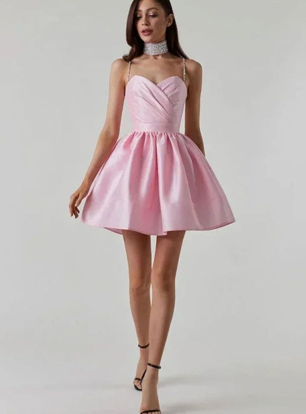 Women's White Satin Mini Dress Rhinestone-Strap Sweetheart Open Back