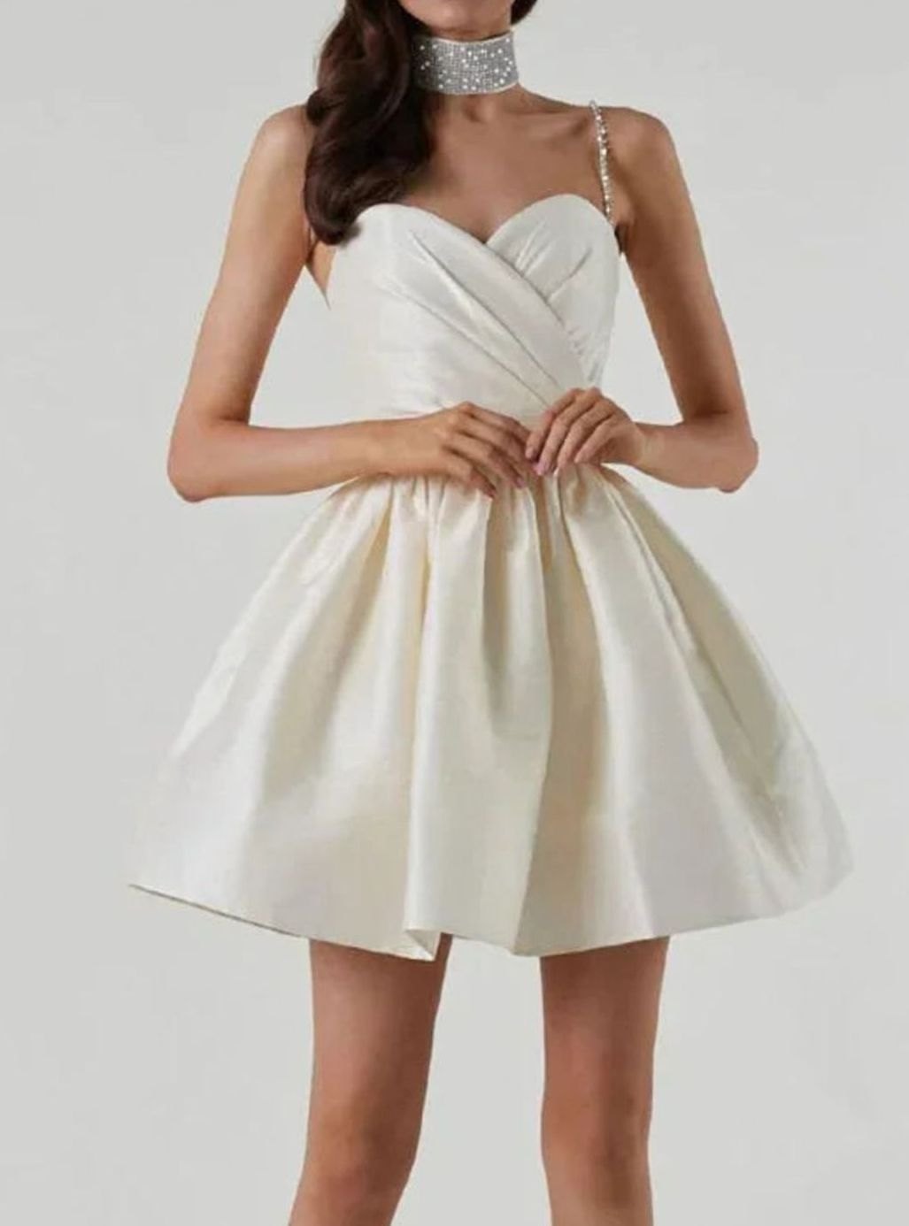 Women's White Satin Mini Dress Rhinestone-Strap Sweetheart Open Back