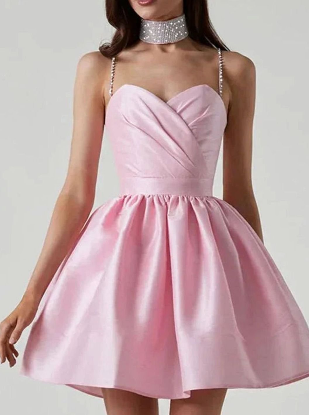 Women's White Satin Mini Dress Rhinestone-Strap Sweetheart Open Back - Pink