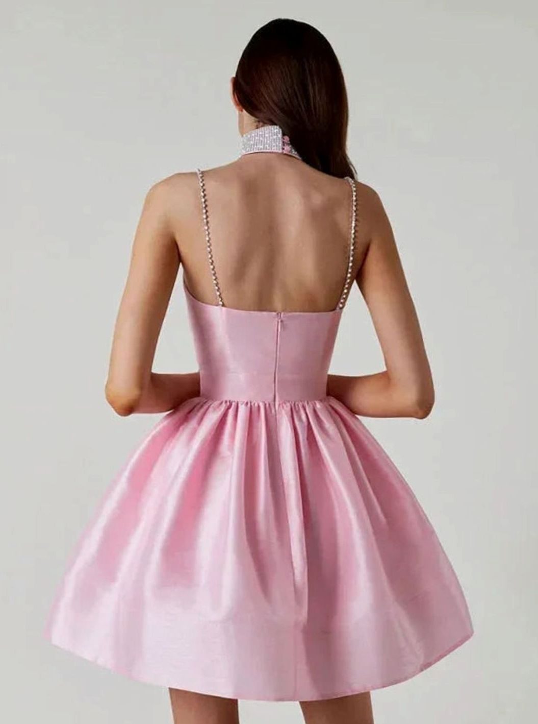 Women's White Satin Mini Dress Rhinestone-Strap Sweetheart Open Back
