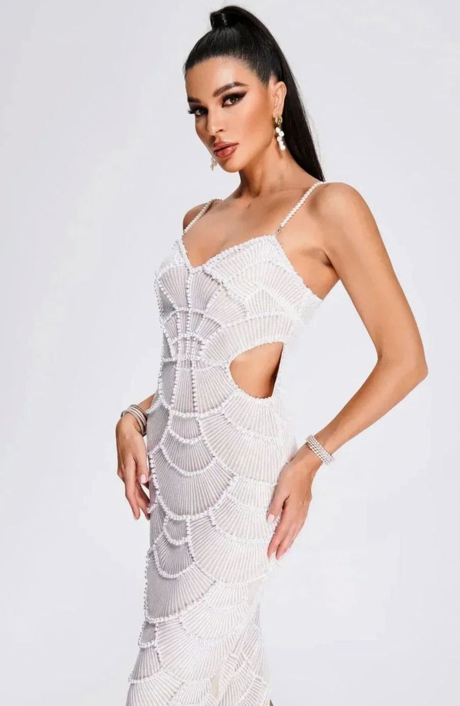 Women's White Sequin Cut-Out Spaghetti Strap Midi Party Dress