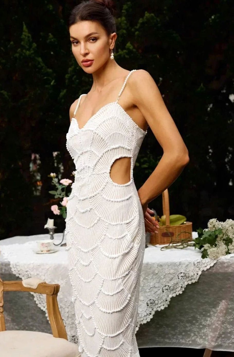 Women's White Sequin Cut-Out Spaghetti Strap Midi Party Dress