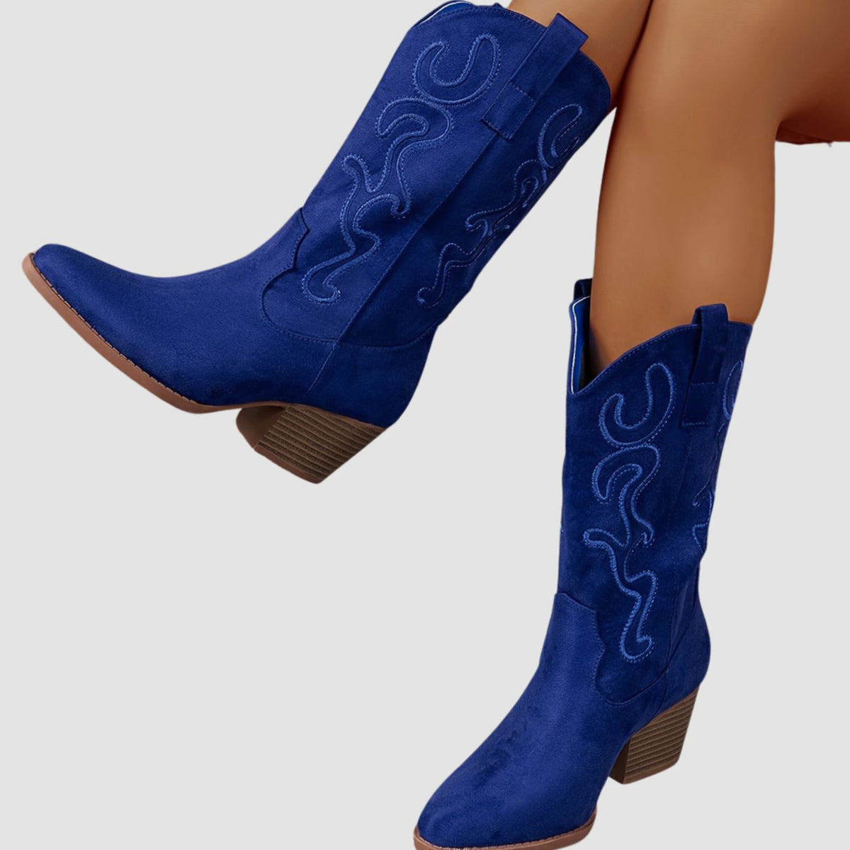 Women's Wide Calf Cowboy Boots Block Heel Western Suede - Royal Blue