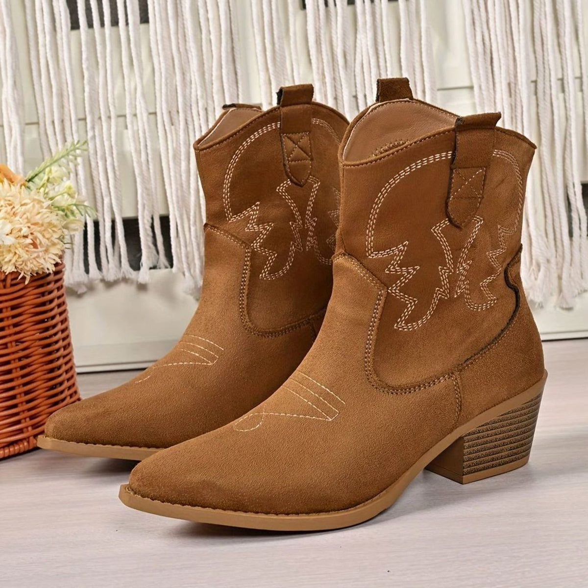 Women's Wide-Calf Embroidered Slip-On Western Cowboy Ankle Boots - Light Brown