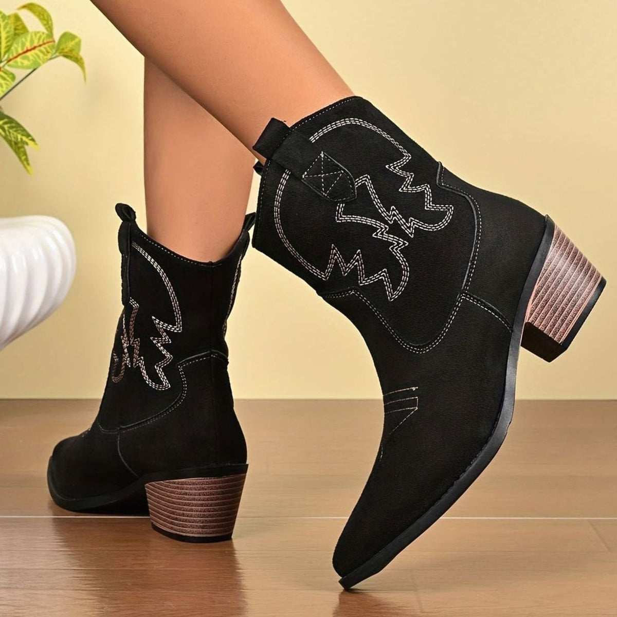 Women's Wide-Calf Embroidered Slip-On Western Cowboy Ankle Boots