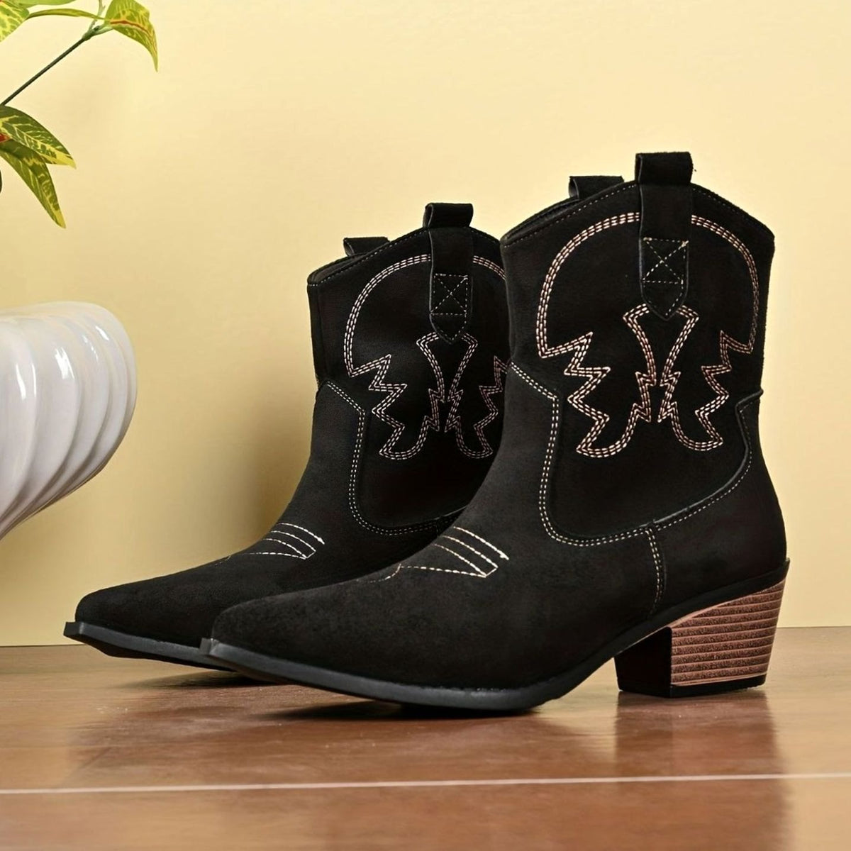 Women's Wide-Calf Embroidered Slip-On Western Cowboy Ankle Boots