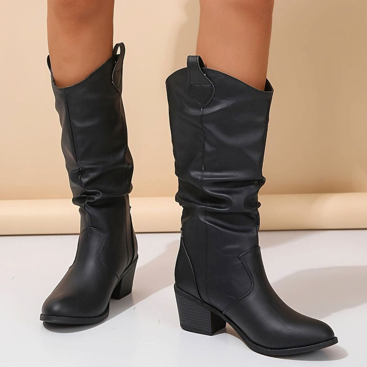 Women's Wide-Calf Flat-Heel Slip-On Western Knee Boots