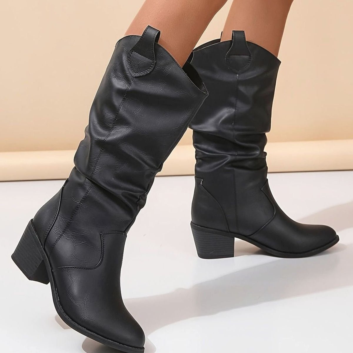 Women's Wide-Calf Flat-Heel Slip-On Western Knee Boots - Black