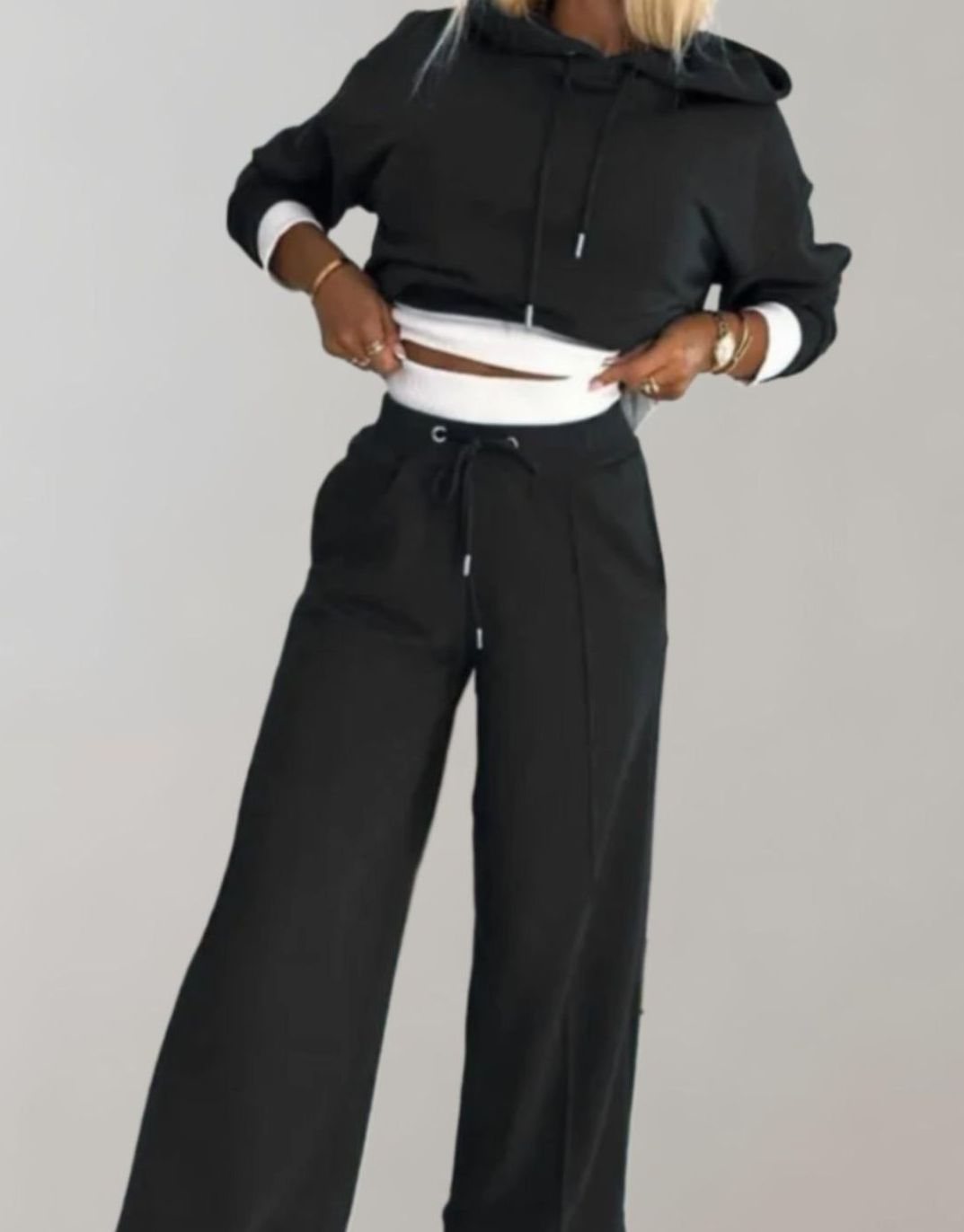 Women's Wide-Leg Drawstring Tracksuit Pants Two-Piece Hoodie Set - Black