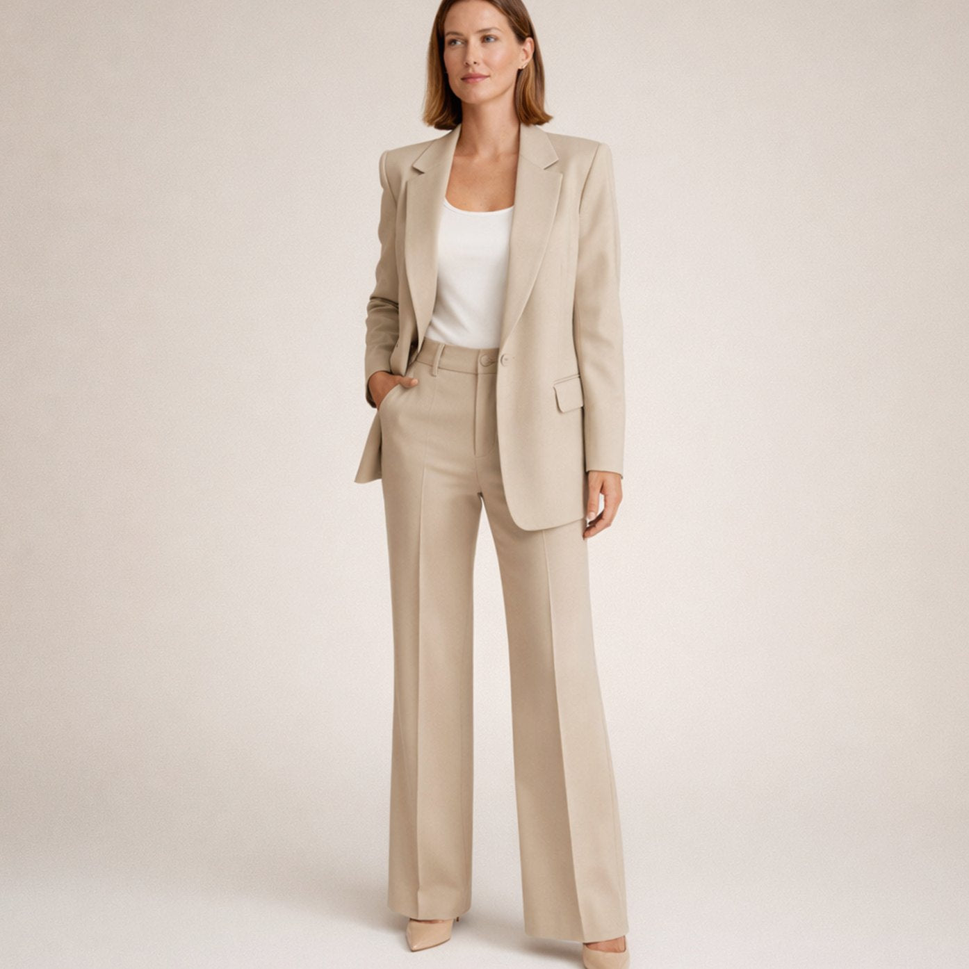 Women's Wide-Leg Flare Trouser Blazer Two-Piece Suit - Beige