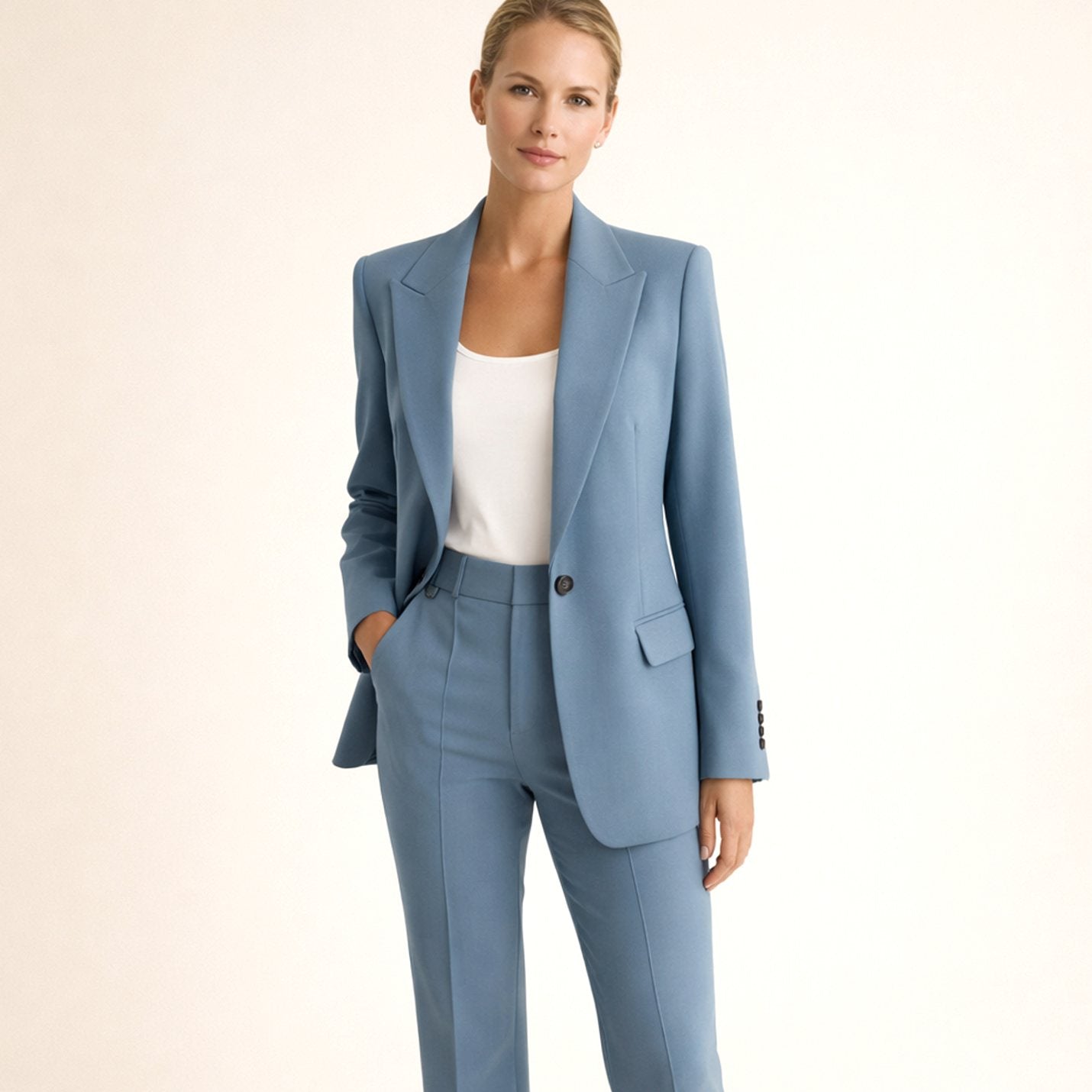 Women's Wide-Leg Flare Trouser Blazer Two-Piece Suit - Navy Blue