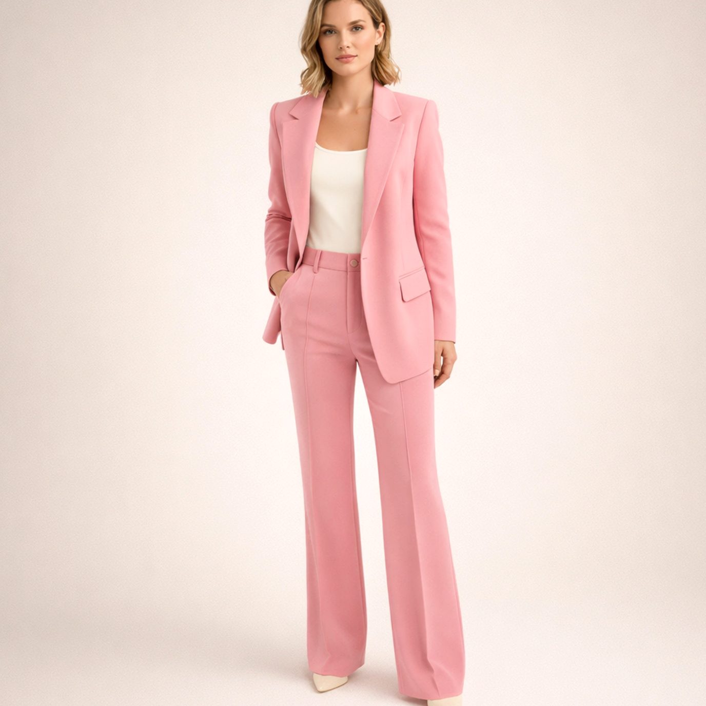 Women's Wide-Leg Flare Trouser Blazer Two-Piece Suit - Pink