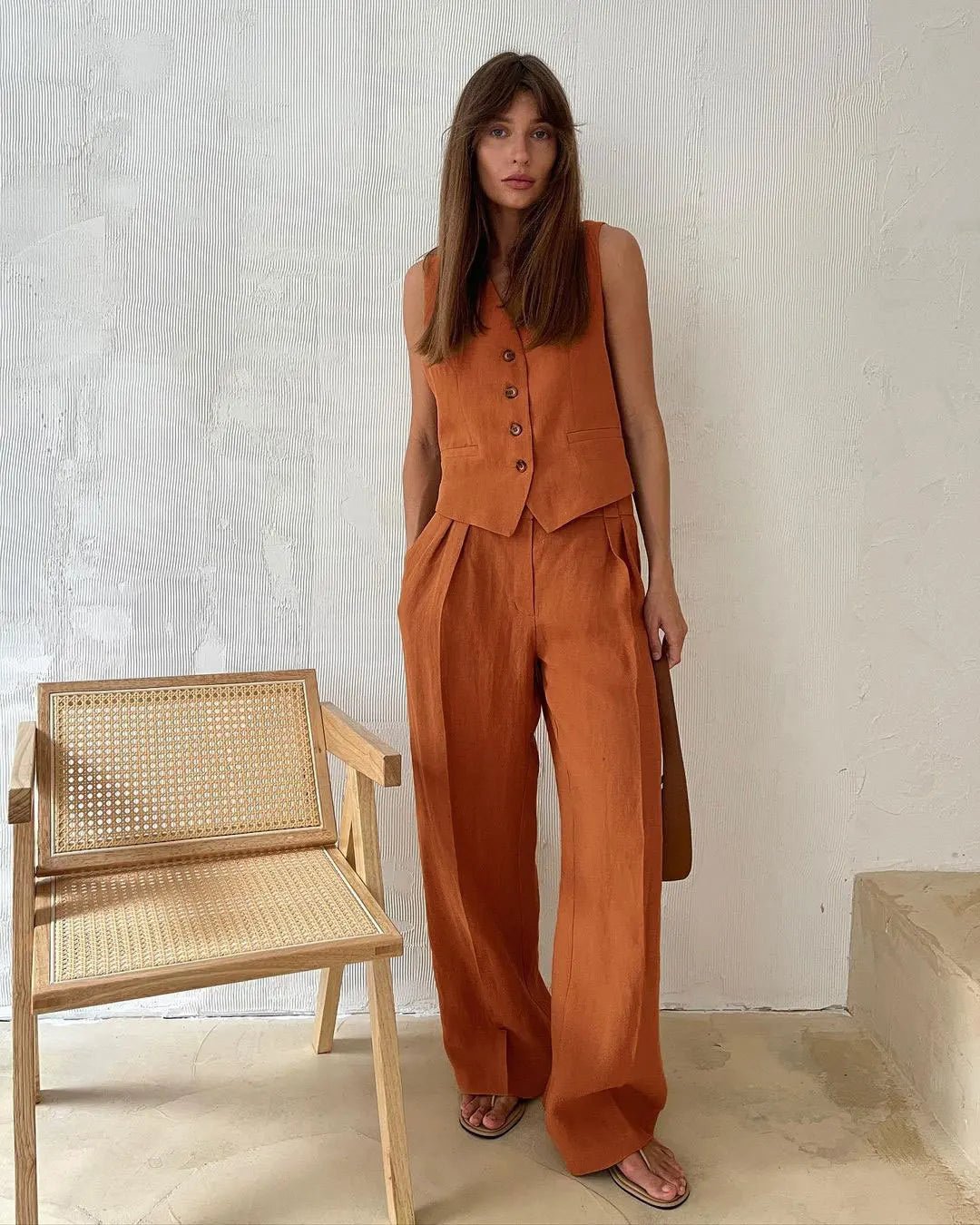 Women's Wide-Leg Pleated Linen Blend Vest Trouser Co-ord Set