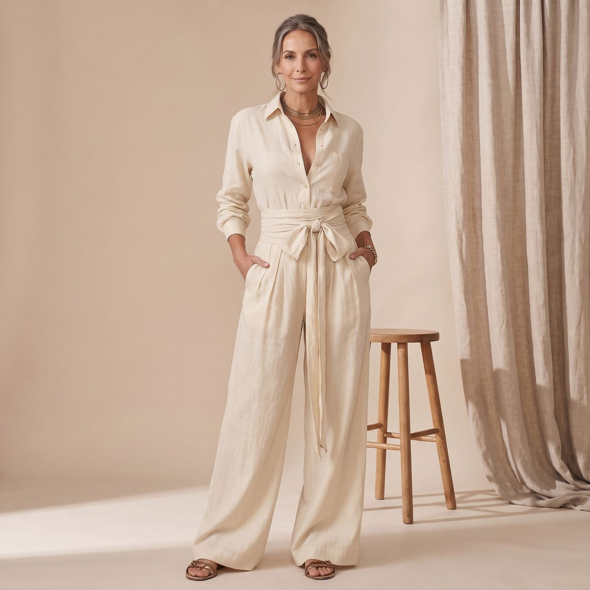 Women's Wide-Leg Tie-Waist Collared Shirt Two-Piece Set - Cream