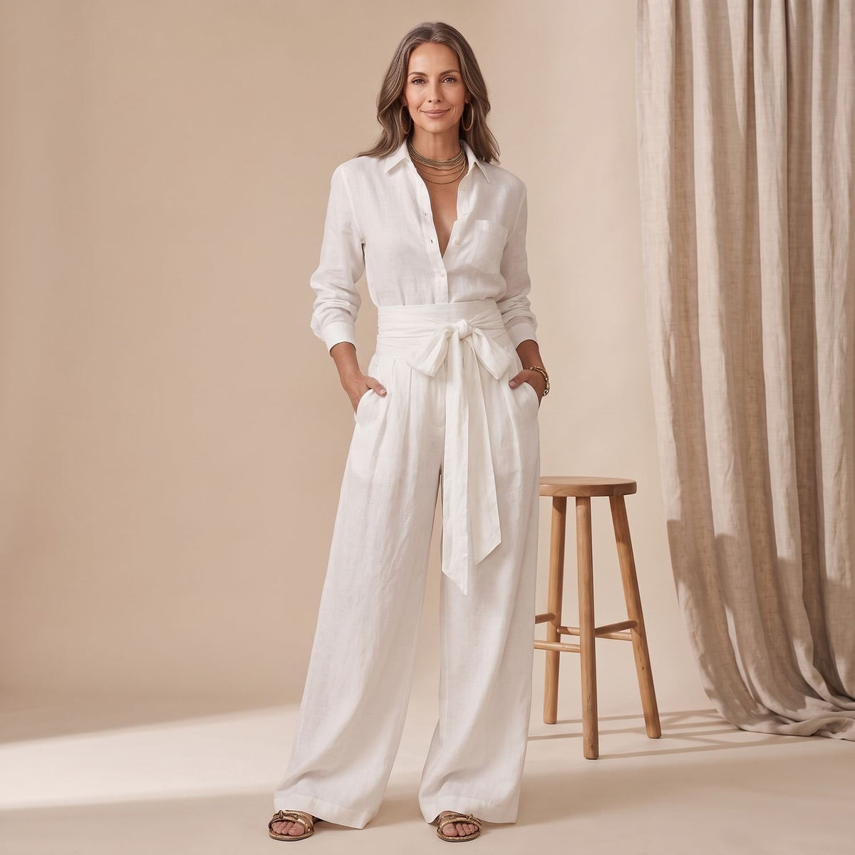 Women's Wide-Leg Tie-Waist Collared Shirt Two-Piece Set - White
