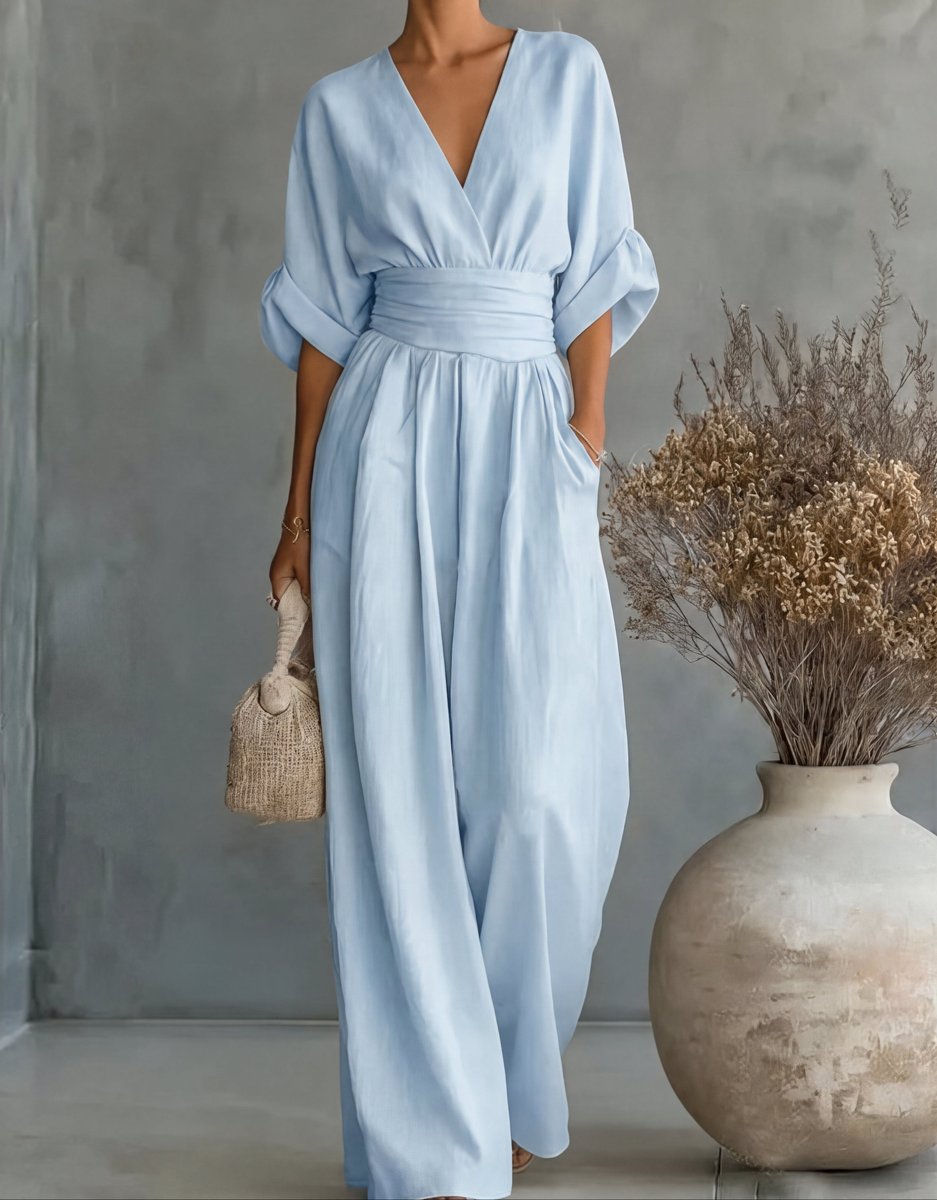 Women's Wide-Leg Wrap-Bodice High-Waist Jumpsuit - Sky Blue
