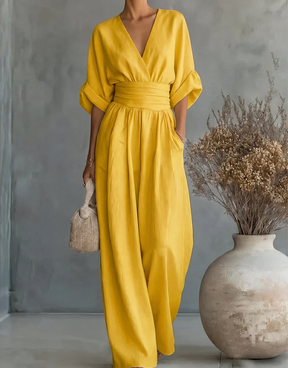 Women's Wide-Leg Wrap-Bodice High-Waist Jumpsuit - Yellow