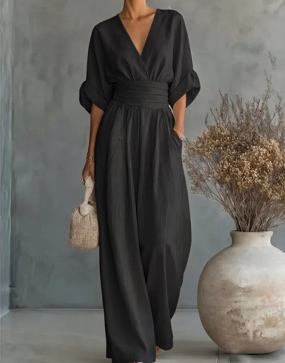 Women's Wide-Leg Wrap-Bodice High-Waist Jumpsuit - Black