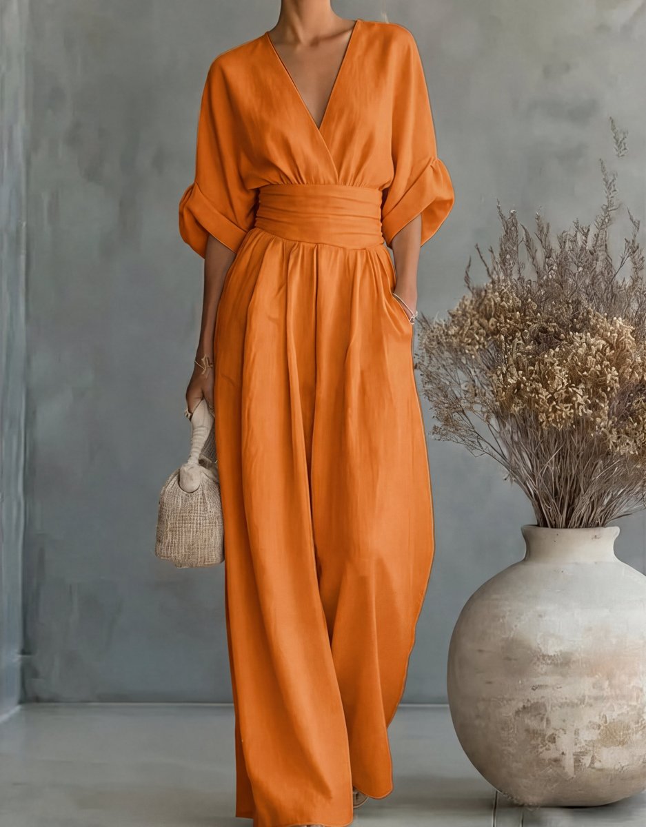 Women's Wide-Leg Wrap-Bodice High-Waist Jumpsuit - Orange