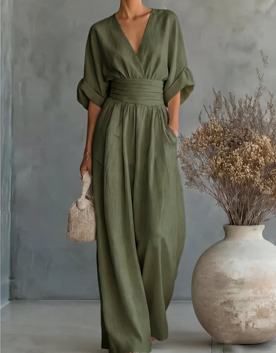 Women's Wide-Leg Wrap-Bodice High-Waist Jumpsuit - Green