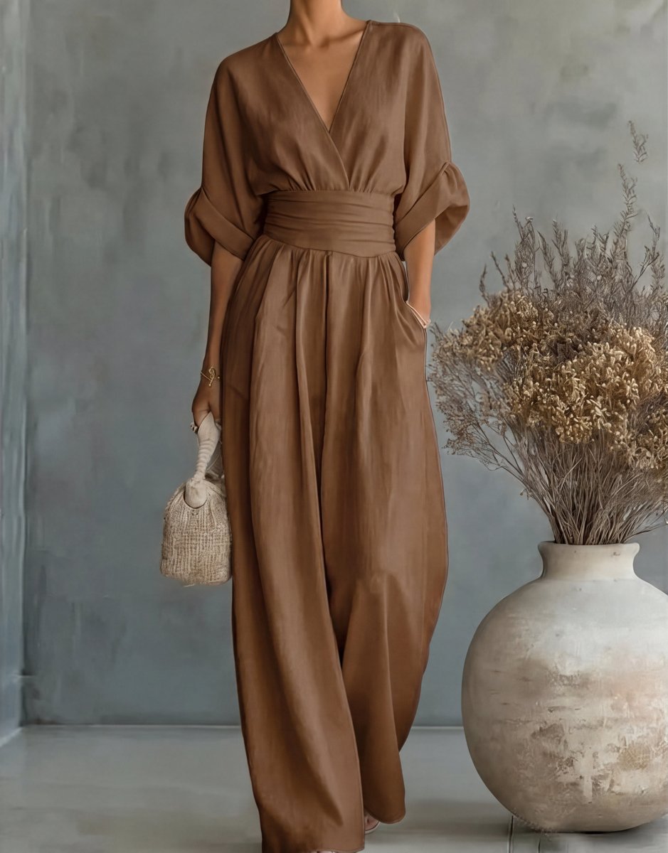 Women's Wide-Leg Wrap-Bodice High-Waist Jumpsuit - Brown