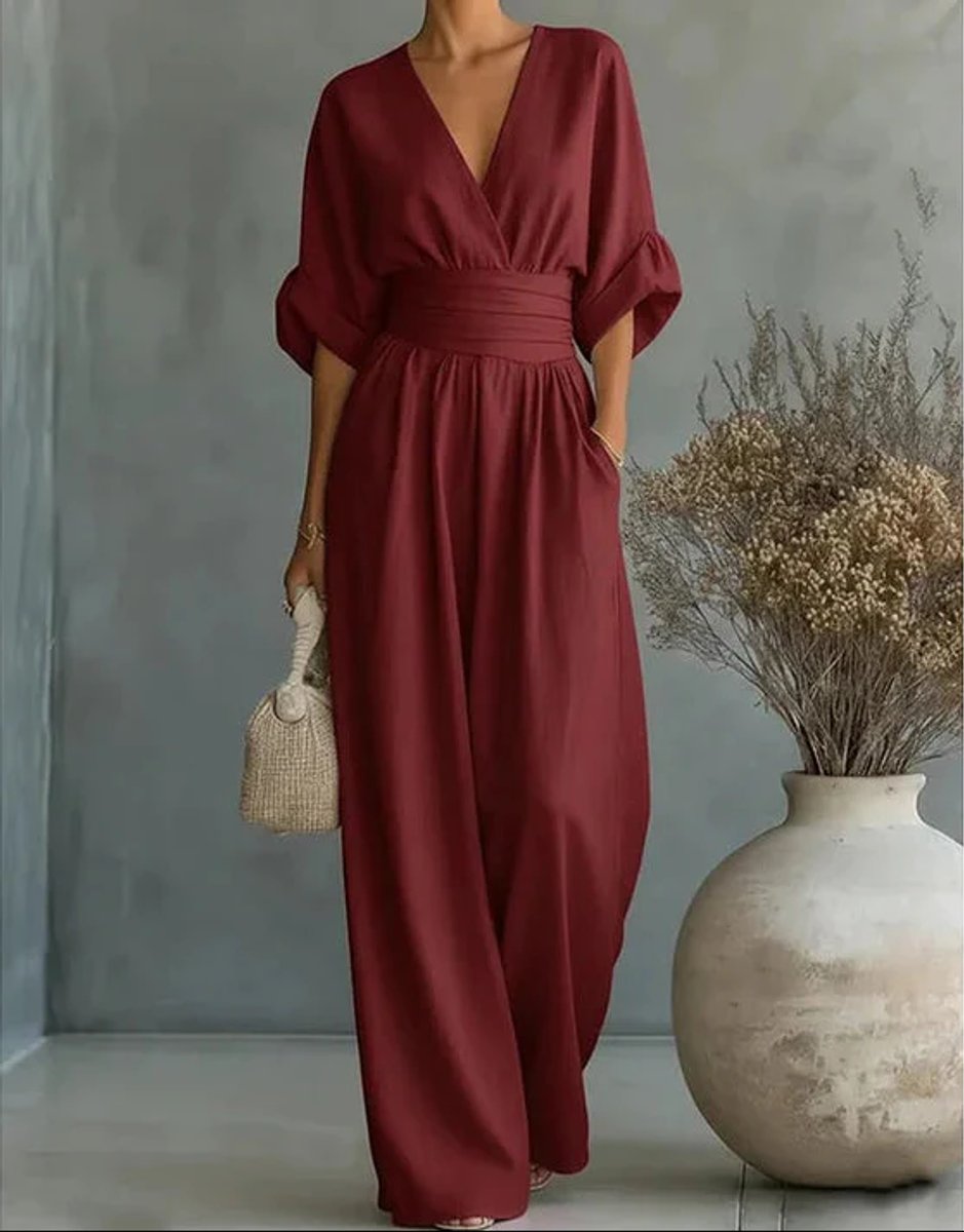 Women's Wide-Leg Wrap-Bodice High-Waist Jumpsuit - Burgundy