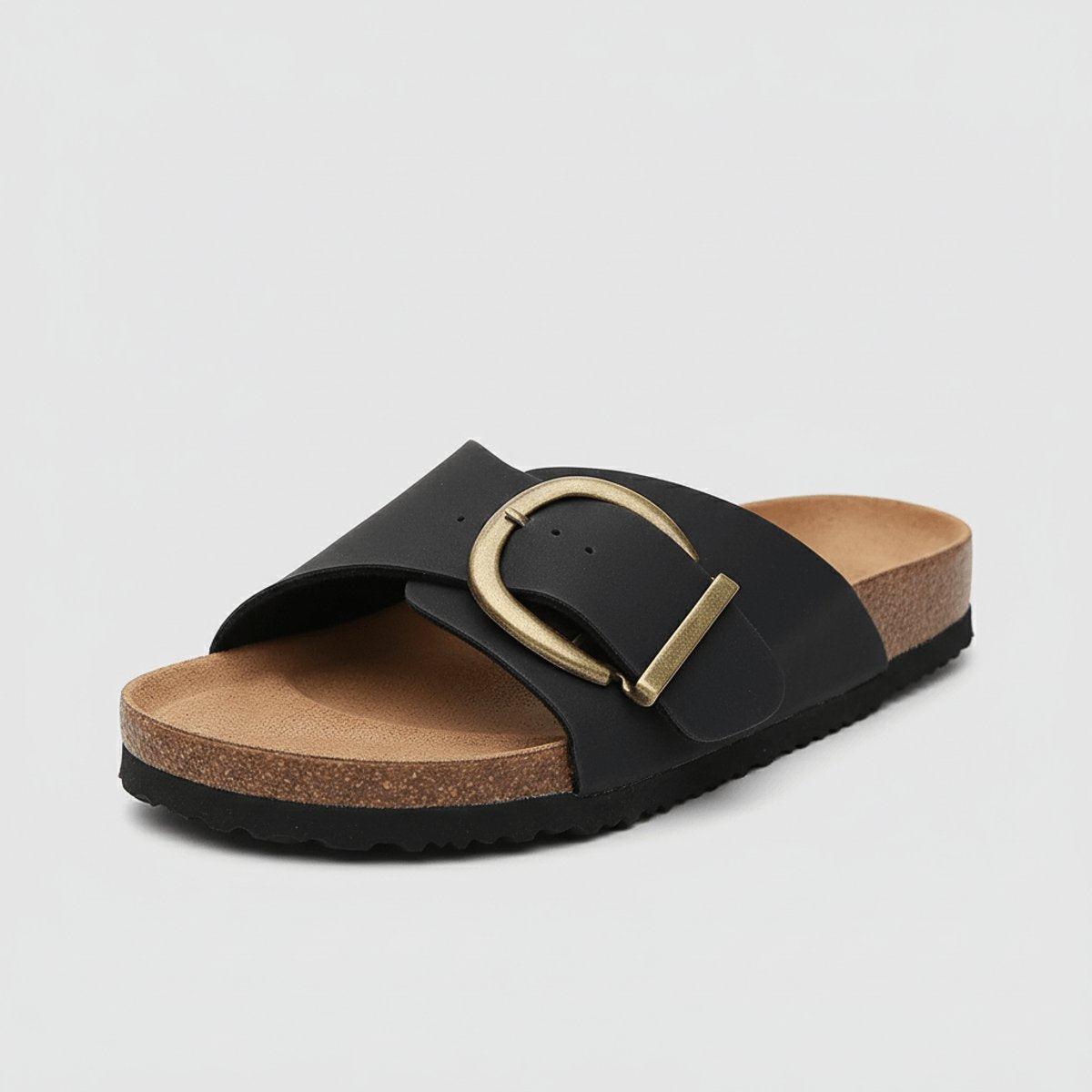 Women's Wide Strap Buckle Comfortable Sandals Flat Slip-On - Midnight Black