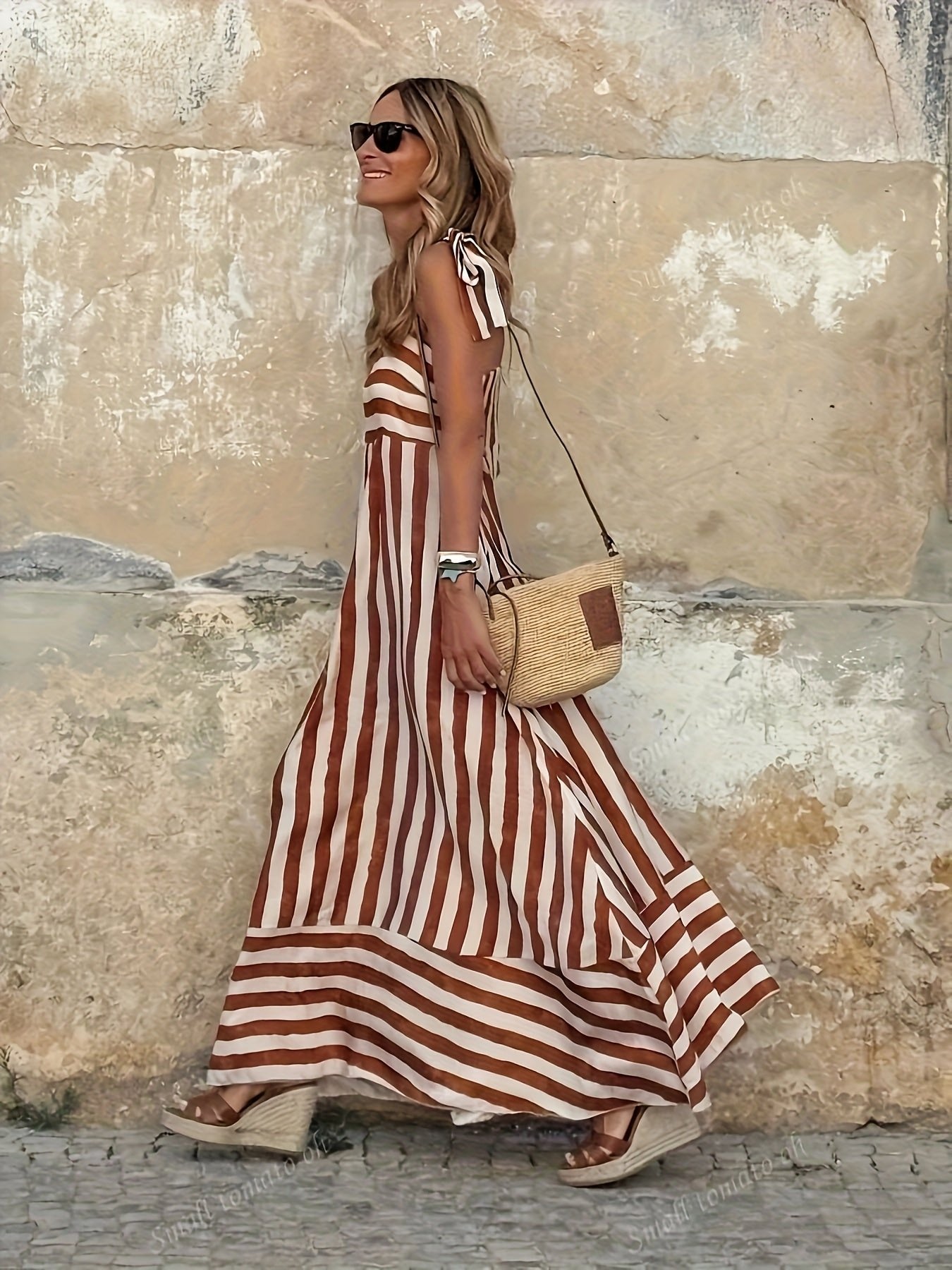 Women's Wide-Stripe Tie-Strap Floor-Length Maxi Dress