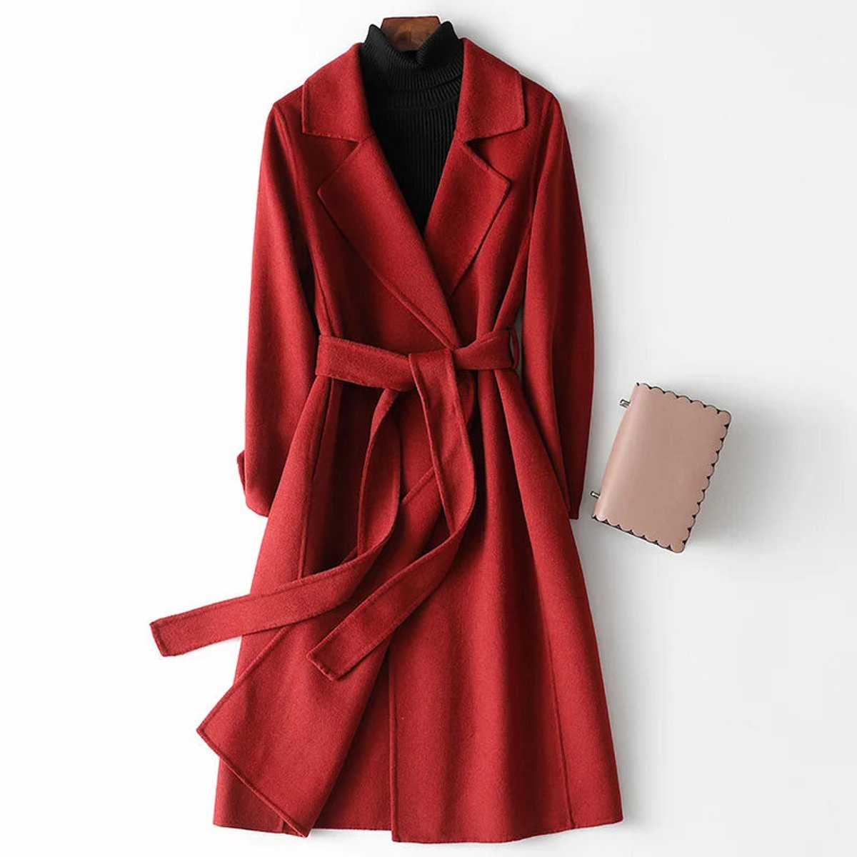 Women's Winter Coat Belted Wrap A-Line Long Wool Coat - Burgundy