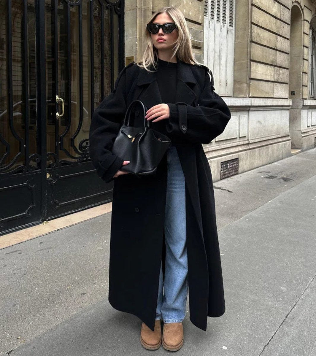 Women's Winter Coat Double-Breasted Belted Long Trench Coat - Black