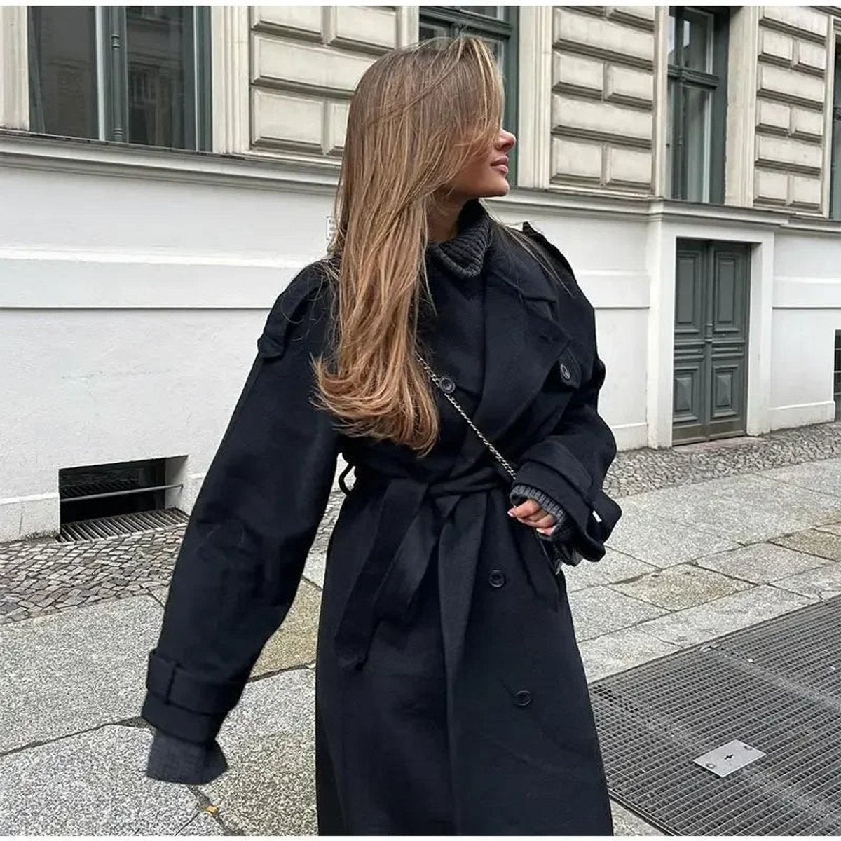 Women's Winter Coat Double-Breasted Belted Long Trench Coat