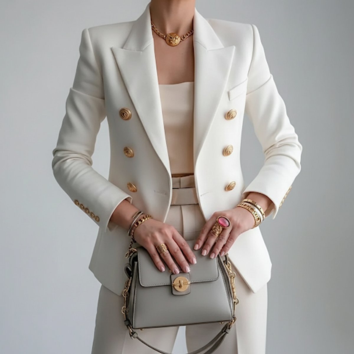 Women's Winter Coat Double-Breasted Fitted Blazer Gold Button - White
