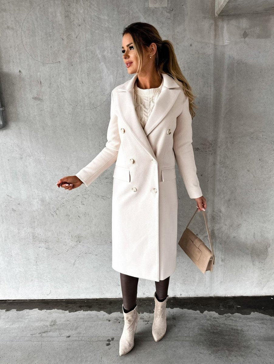 Womens Winter Coat Double-Breasted Longline Wool-Blend Overcoat
