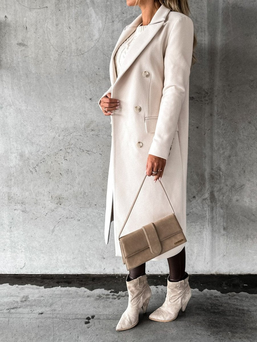 Womens Winter Coat Double-Breasted Longline Wool-Blend Overcoat