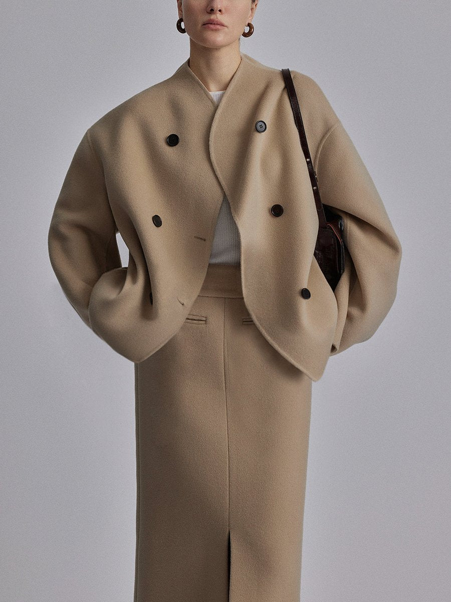 Women's Winter Coat Double Breasted Stand Collar Relaxed Wool-Look Jacket - Khaki