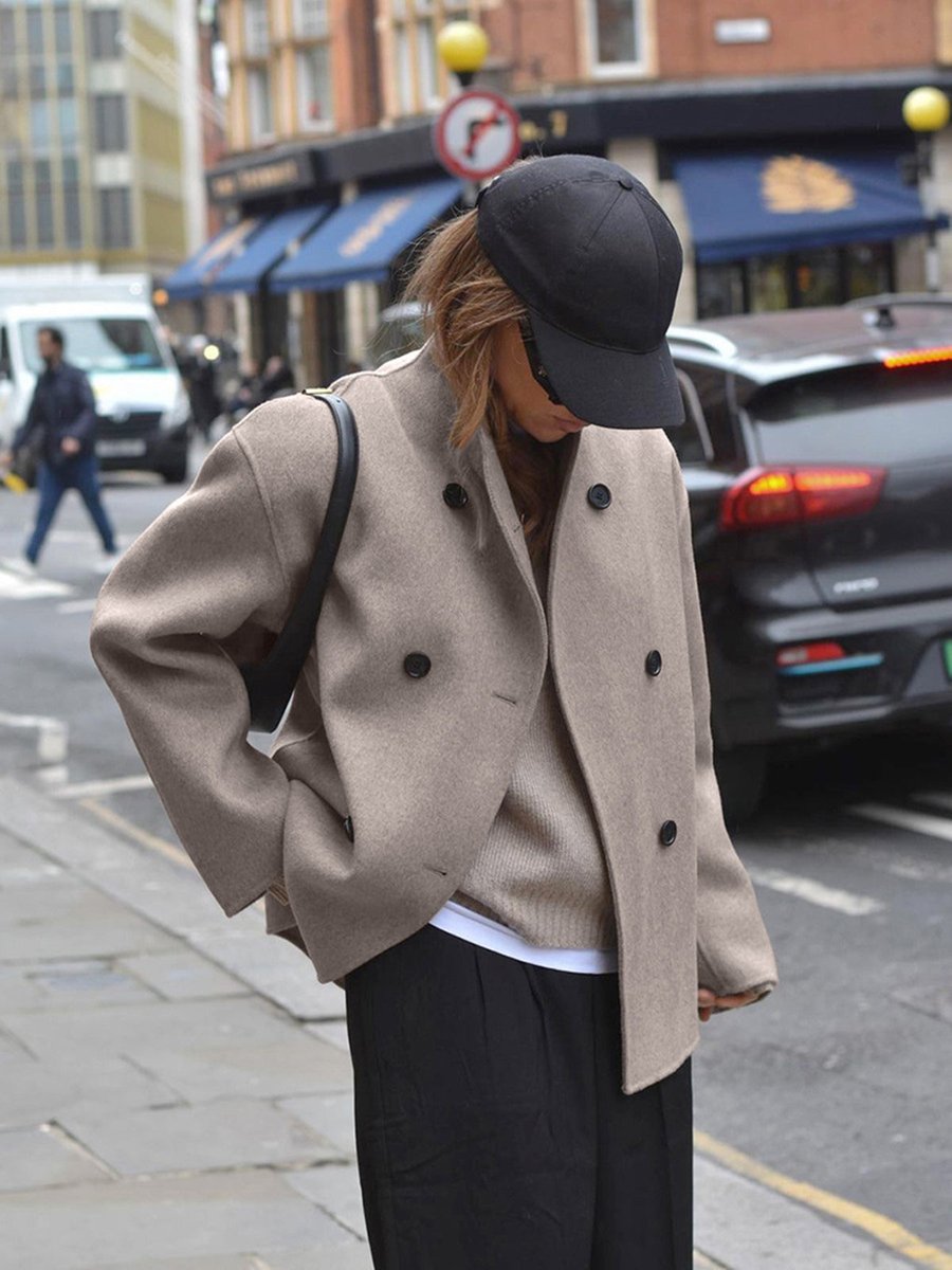Women's Winter Coat Double Breasted Stand Collar Relaxed Wool-Look Jacket