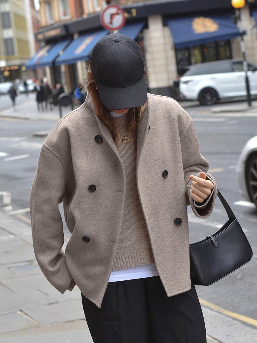 Women's Winter Coat Double Breasted Stand Collar Relaxed Wool-Look Jacket