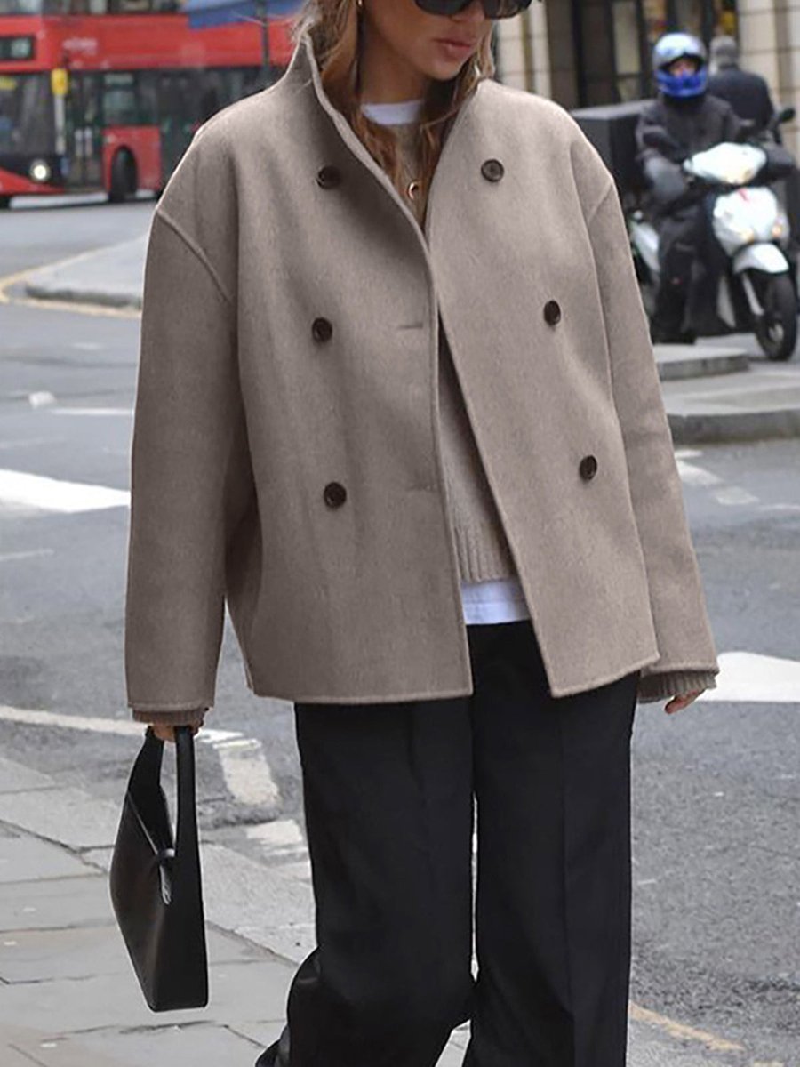 Women's Winter Coat Double Breasted Stand Collar Relaxed Wool-Look Jacket