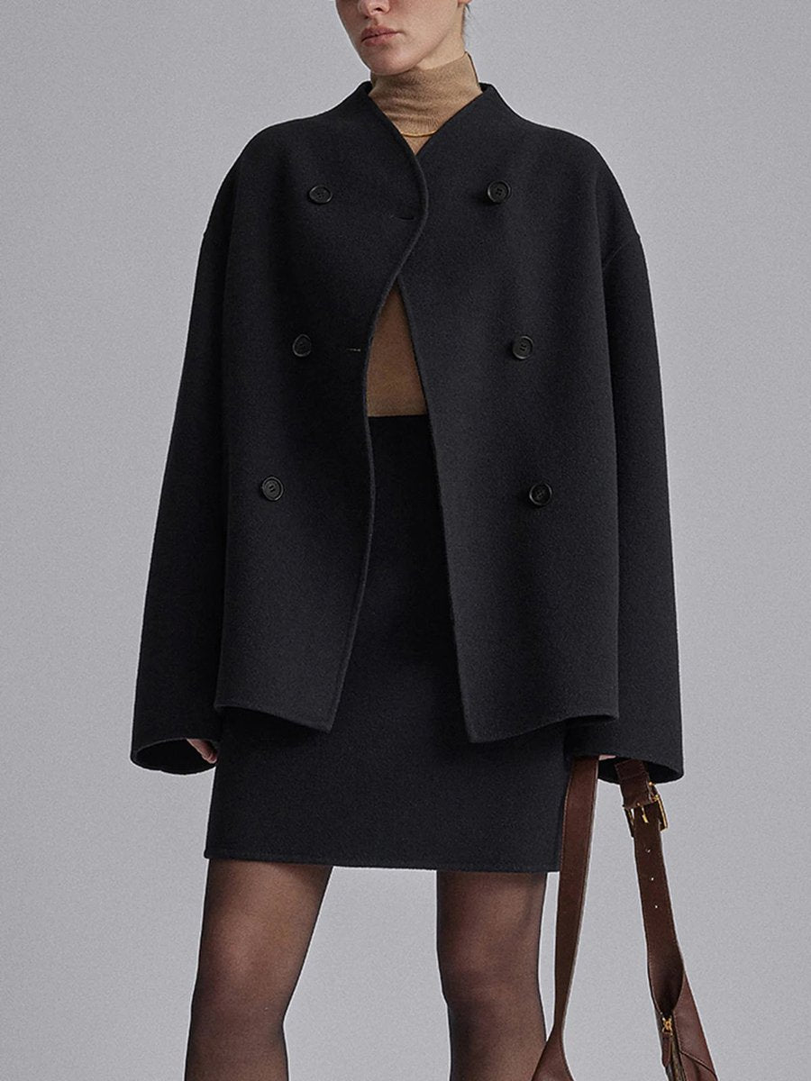 Women's Winter Coat Double Breasted Stand Collar Relaxed Wool-Look Jacket - Black