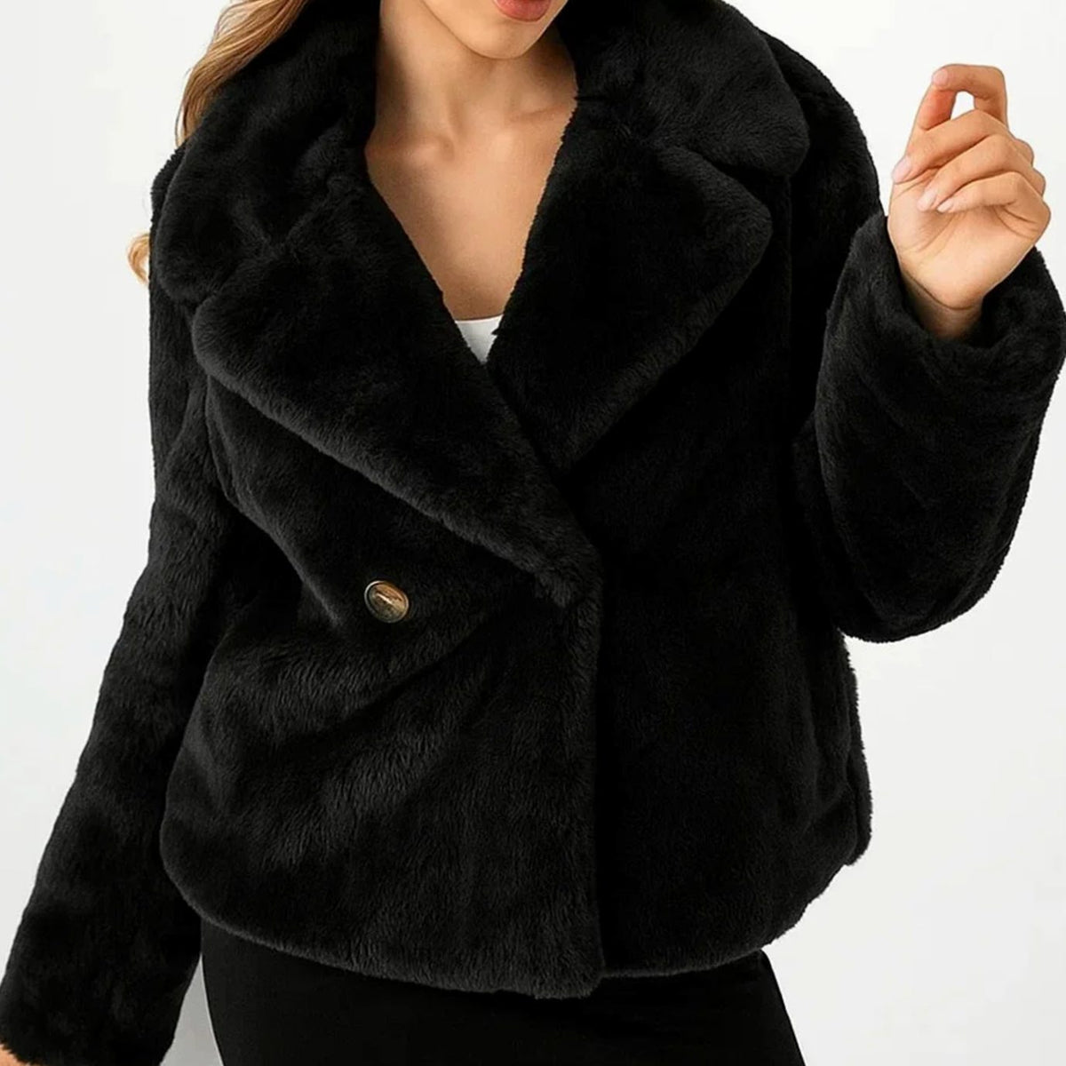Women's Winter Coat Faux-Fur Double-Breasted Lapel Jacket - Black