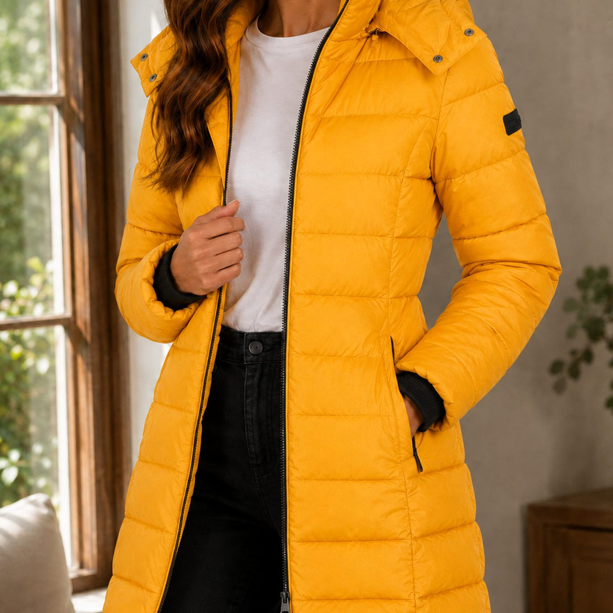 Women's Winter Coat Longline Quilted Hooded Puffer Jacket - Yellow