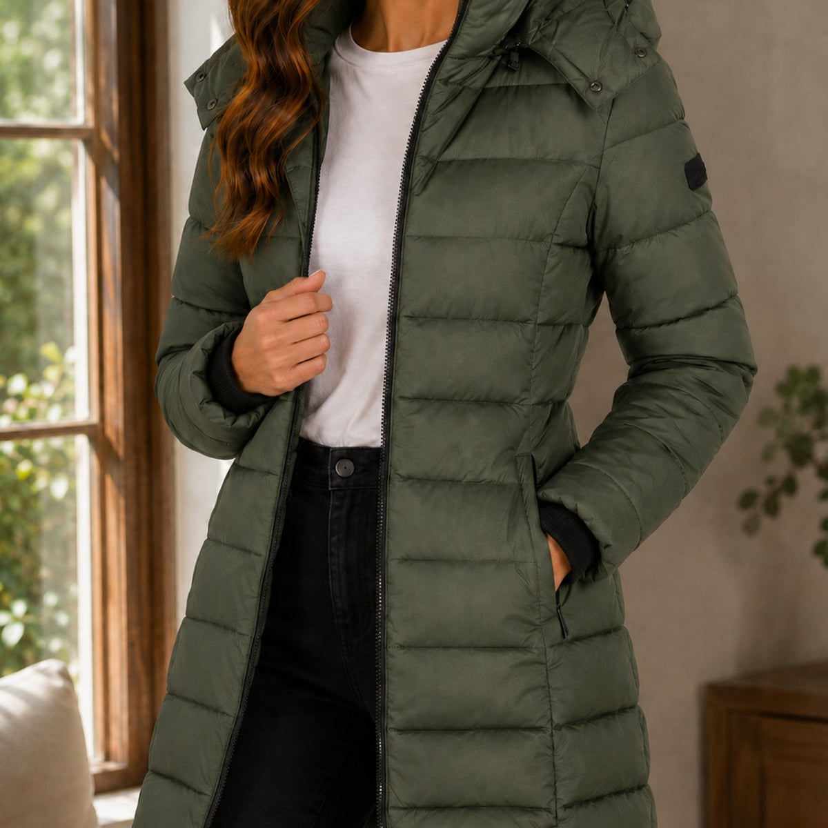 Women's Winter Coat Longline Quilted Hooded Puffer Jacket - Green