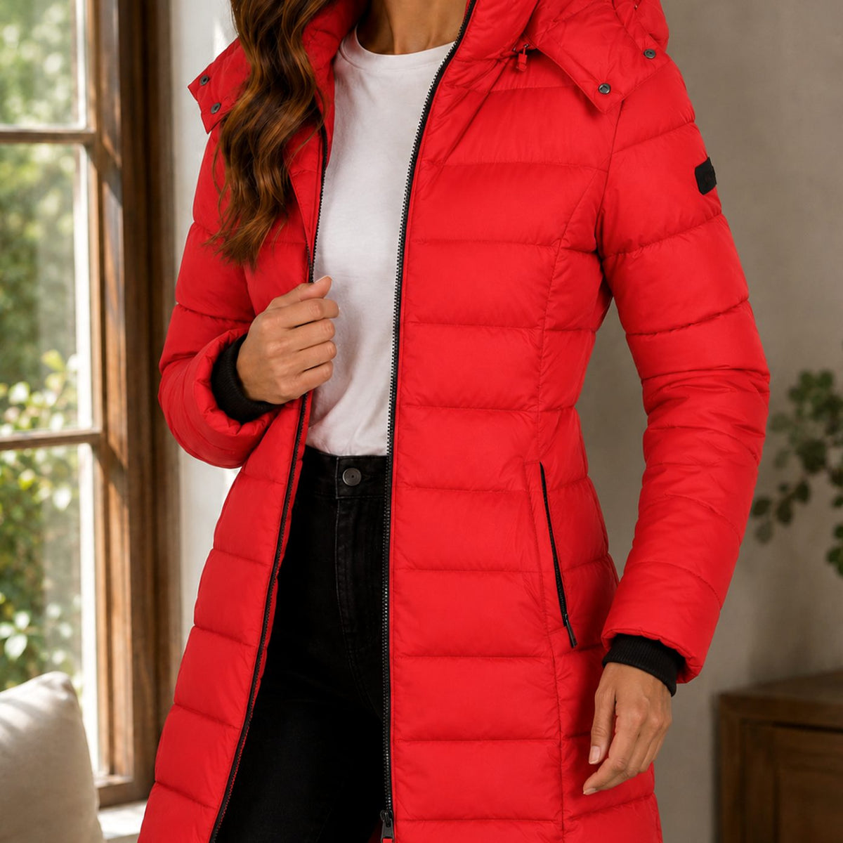 Women's Winter Coat Longline Quilted Hooded Puffer Jacket - Red