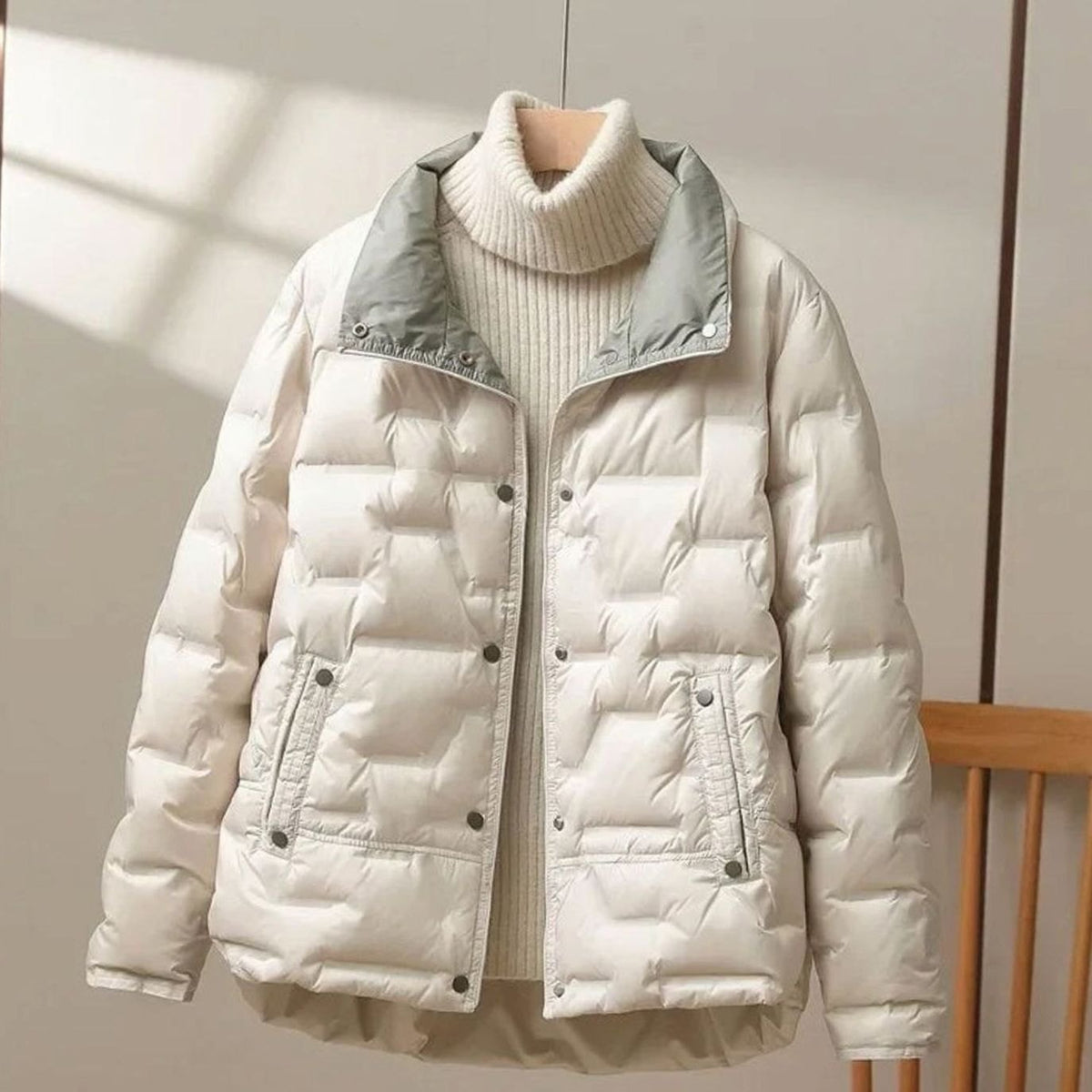 Women's Winter Coat Quilted High-Collar Puffer Jacket - Beige